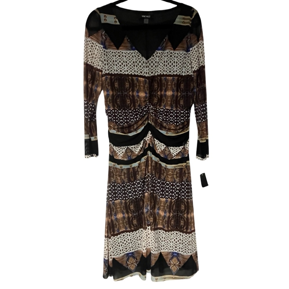 NWT Nine West Ruched Waist Day Dress Boho Brown Blue Abstract Print